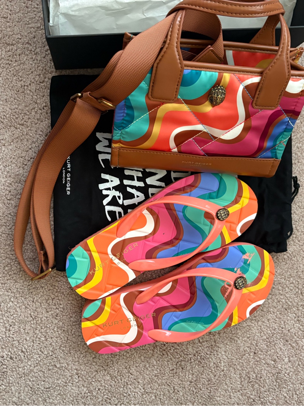 Kurt Geiger Multicolor Wave Print Crossbody Bag with Brown Trim